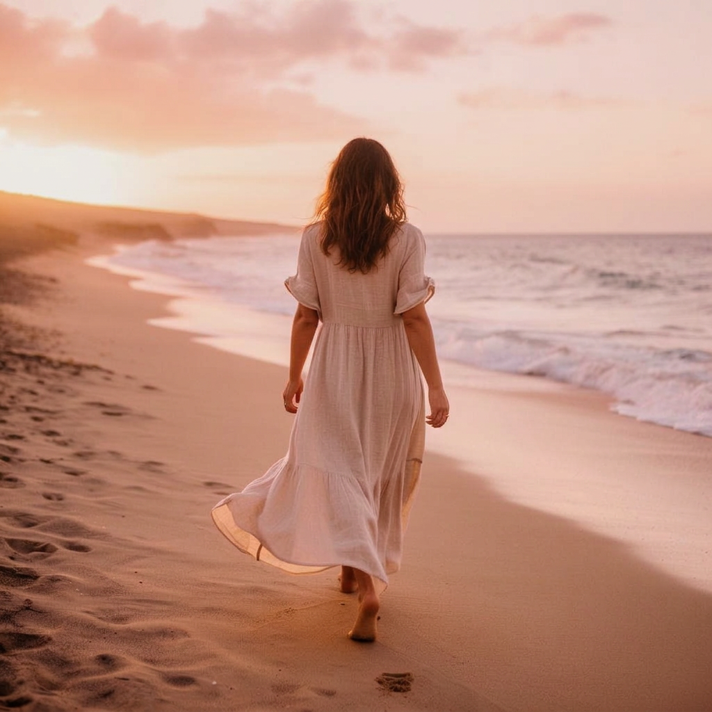 The creator of Onda Rosa walking on a Boa Vista beach at sunset