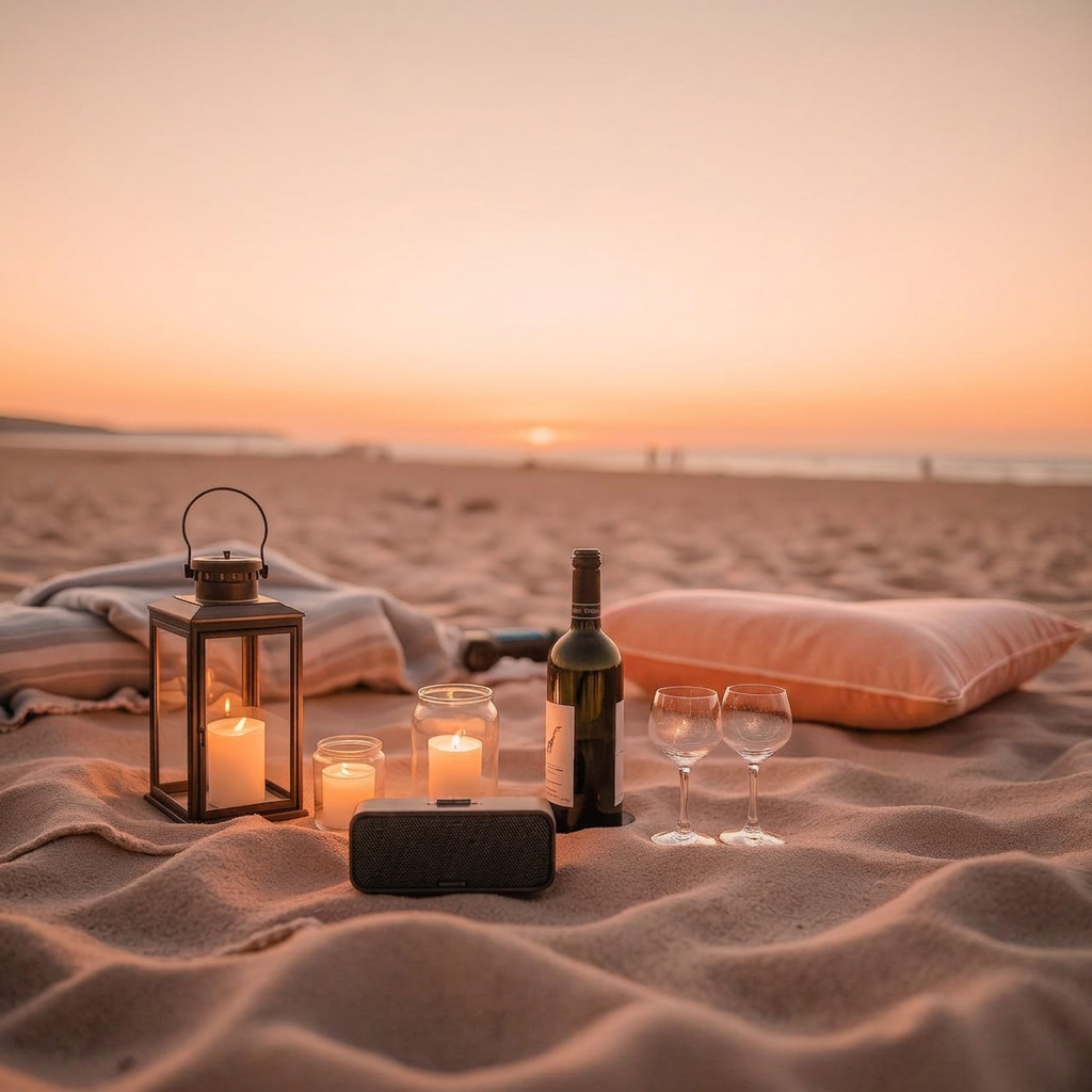 Blankets, lanterns, wine and a small speaker on the beach at sunset