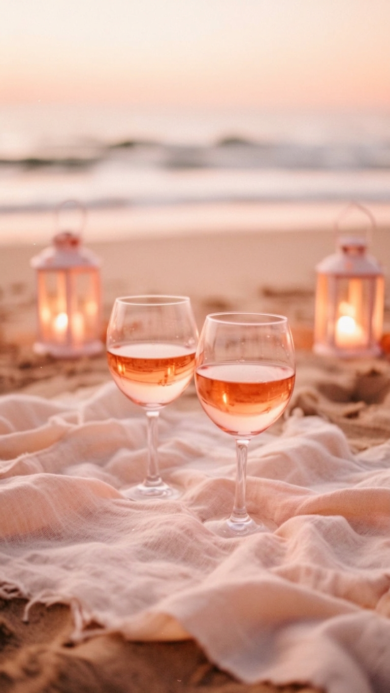 Two glasses of rosé wine on a soft linen blanket at sunset
