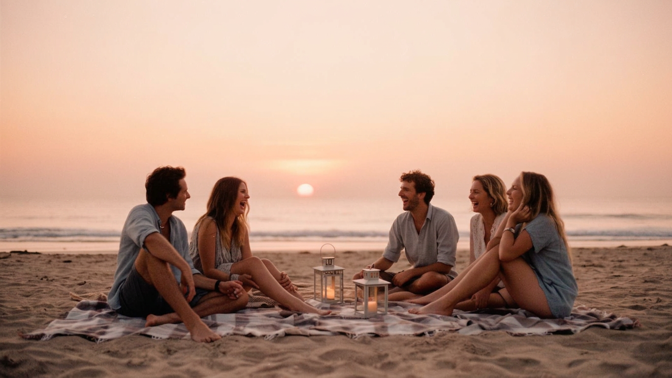 Friends laughing on a blanket at sunset on Boa Vista