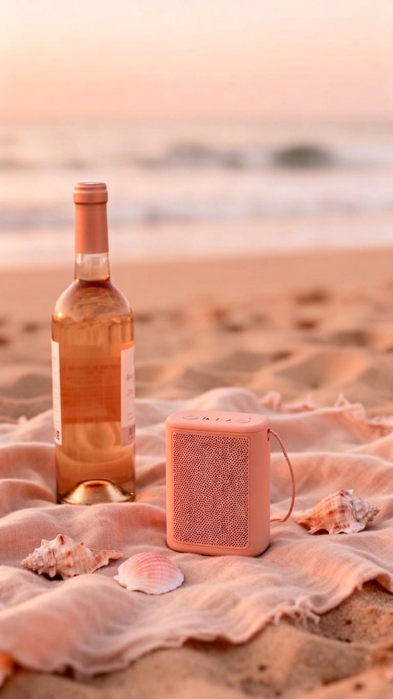 Bottle of rosé wine and a small speaker on a soft pink blanket on the sand